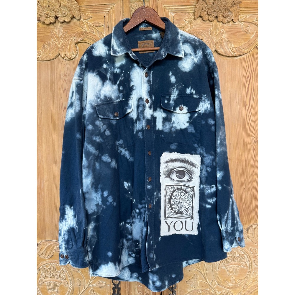 Bleached Indigo Shammy‎ Shacket XL Tall All Seeing Eye Patch Art Wear Jacket - Picture 10 of 10